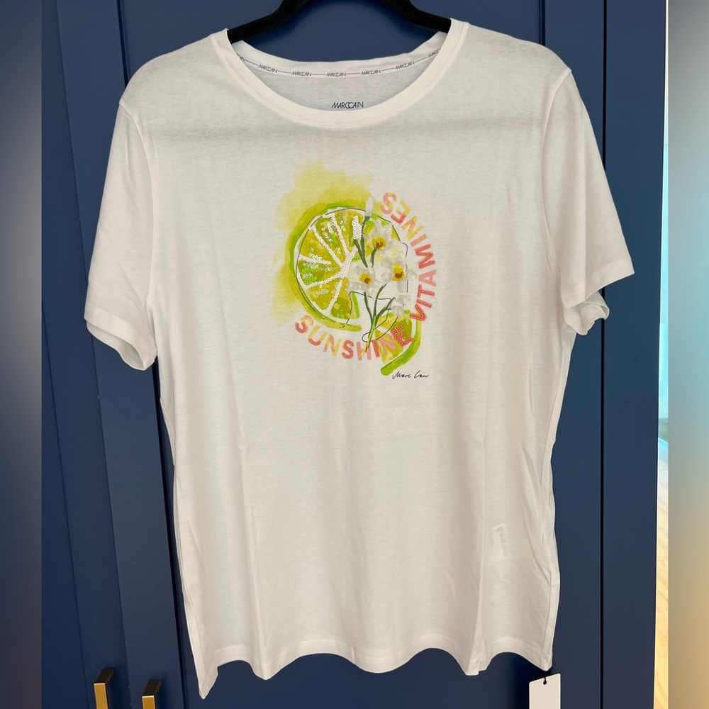 Marc Cain White Graphic T-Shirt with Sequined Citrus Design 100% Cotton. Size 12